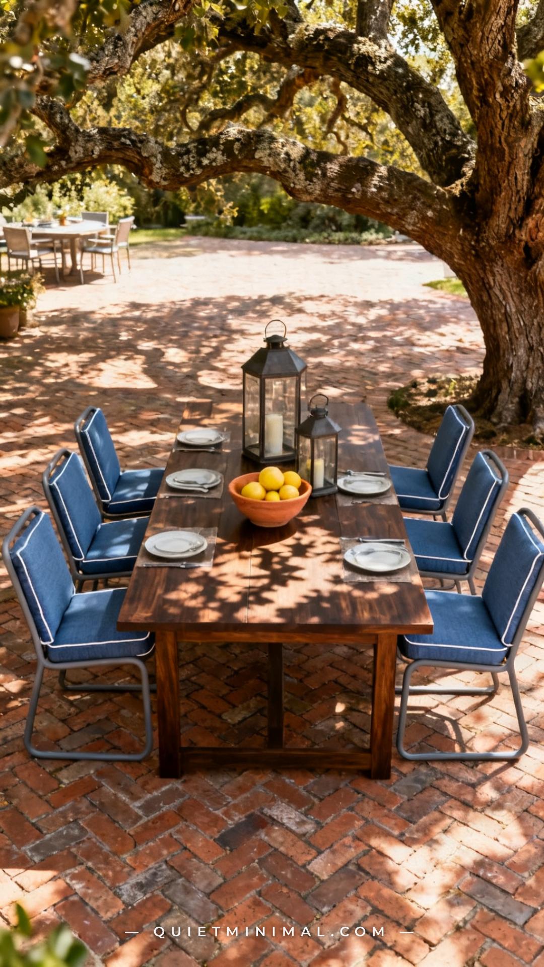 A vertical photograph captures a wide outdoor dining setup on a herringbone brick patio beneath a mature oak tree
