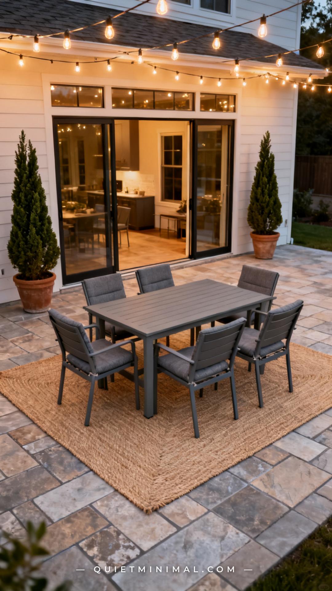 A wide-angle vertical photograph captures a full outdoor dining room setup on a large stone tile patio against a home's