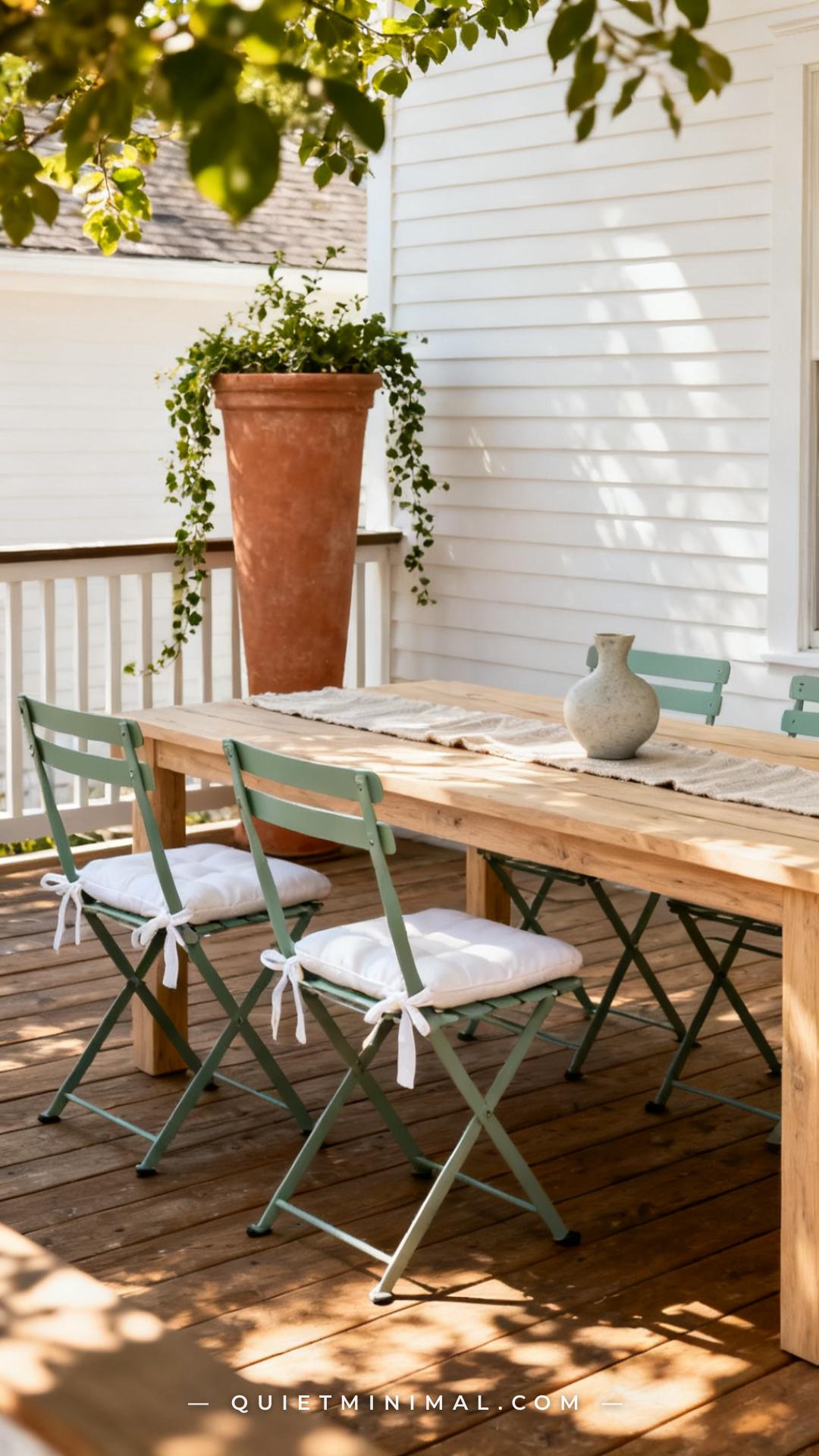 A vertical photograph captures a wide outdoor dining vignette on a wooden deck
