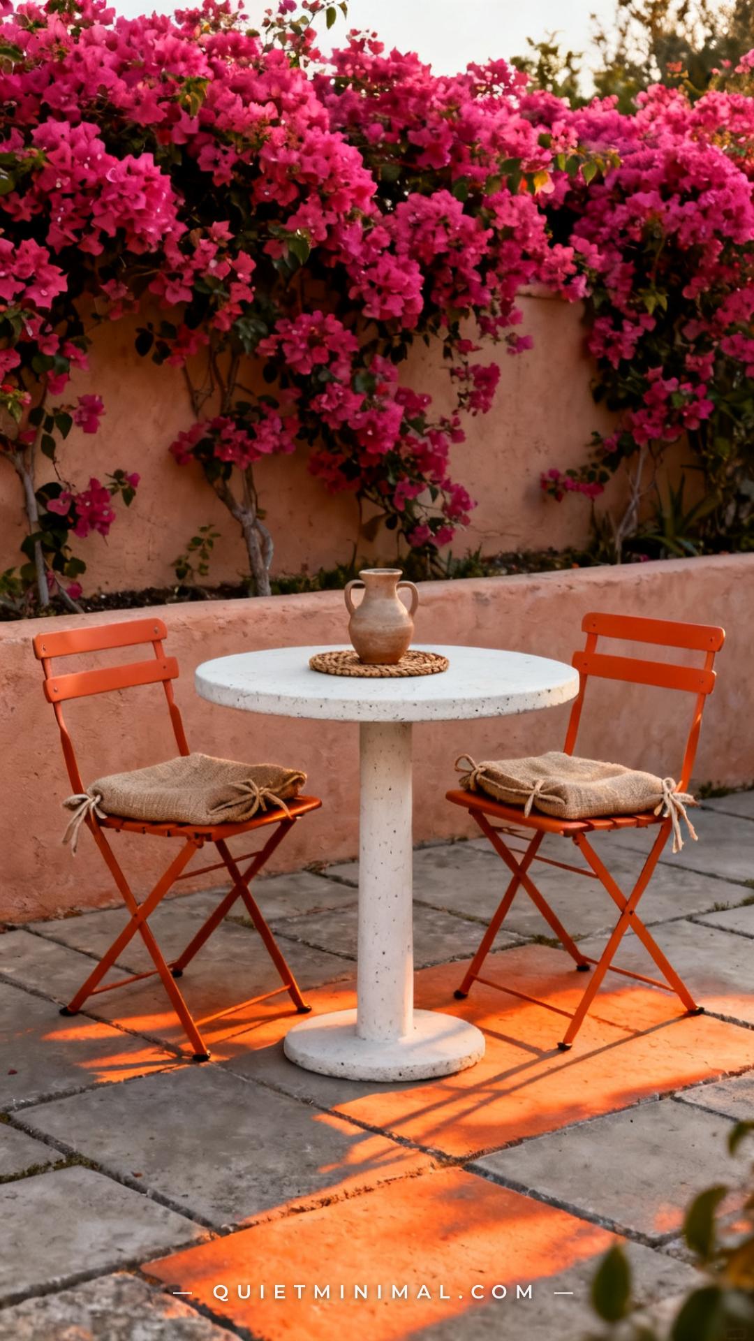A vertical photograph captures a patio dining setup from a medium-wide angle