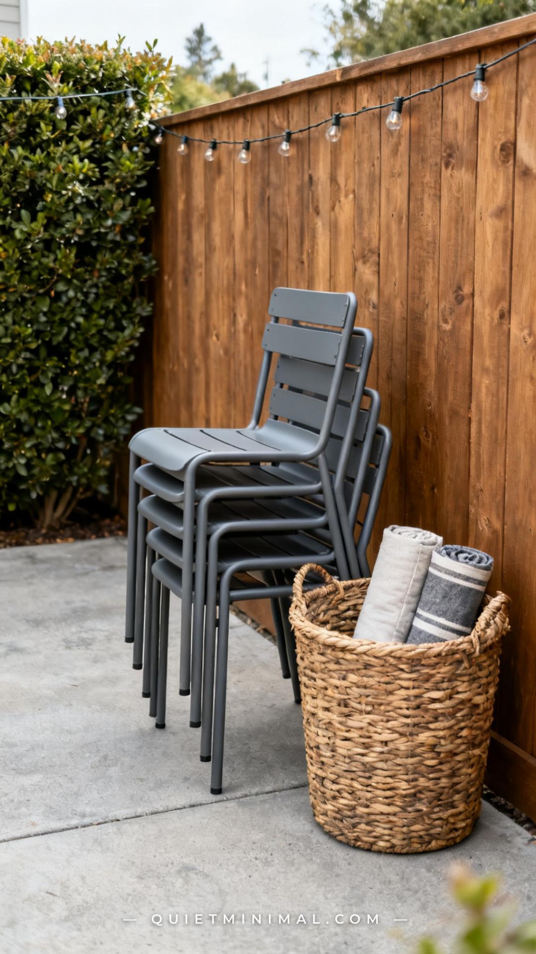 A wide-angle vertical photograph captures the corner of a backyard patio beside a cedar privacy fence