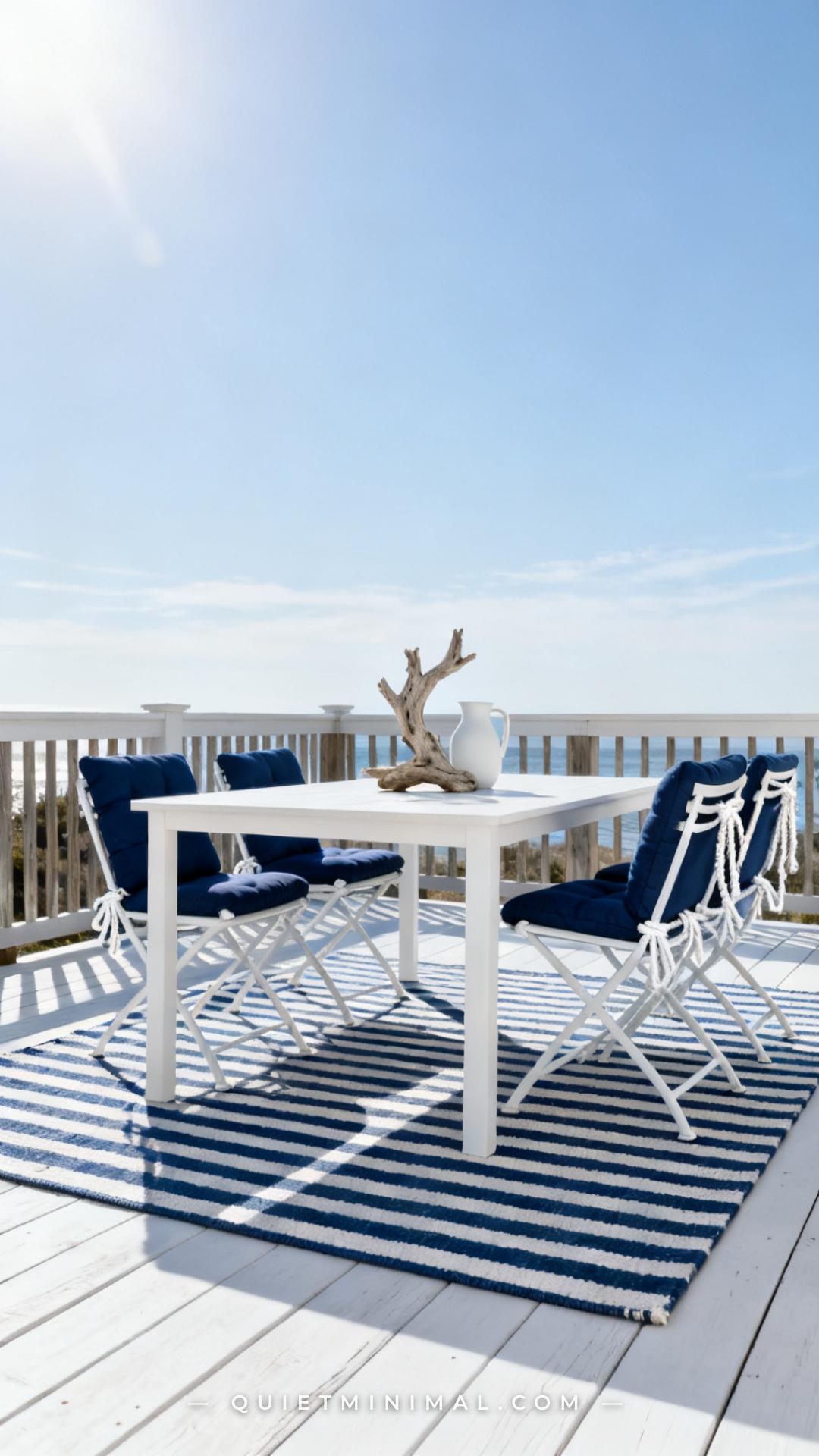 A vertical photograph captures a wide outdoor dining scene on a white-painted wood deck with a coastal feeling