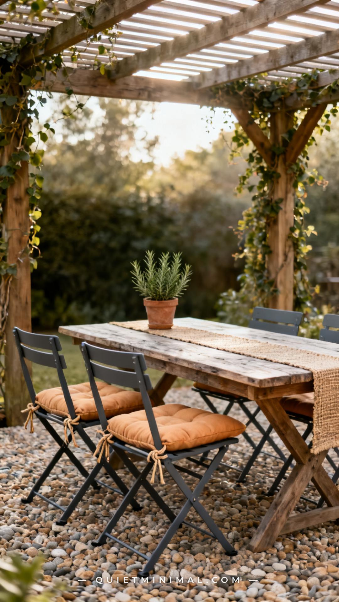 A vertical photograph captures a medium-wide outdoor dining setup on a pebbled patio beneath a wood pergola with climbin