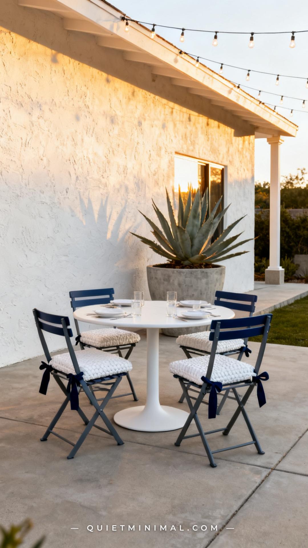 A vertical photograph captures a wide outdoor dining area on a concrete patio beside a modern home's exterior wall in wa