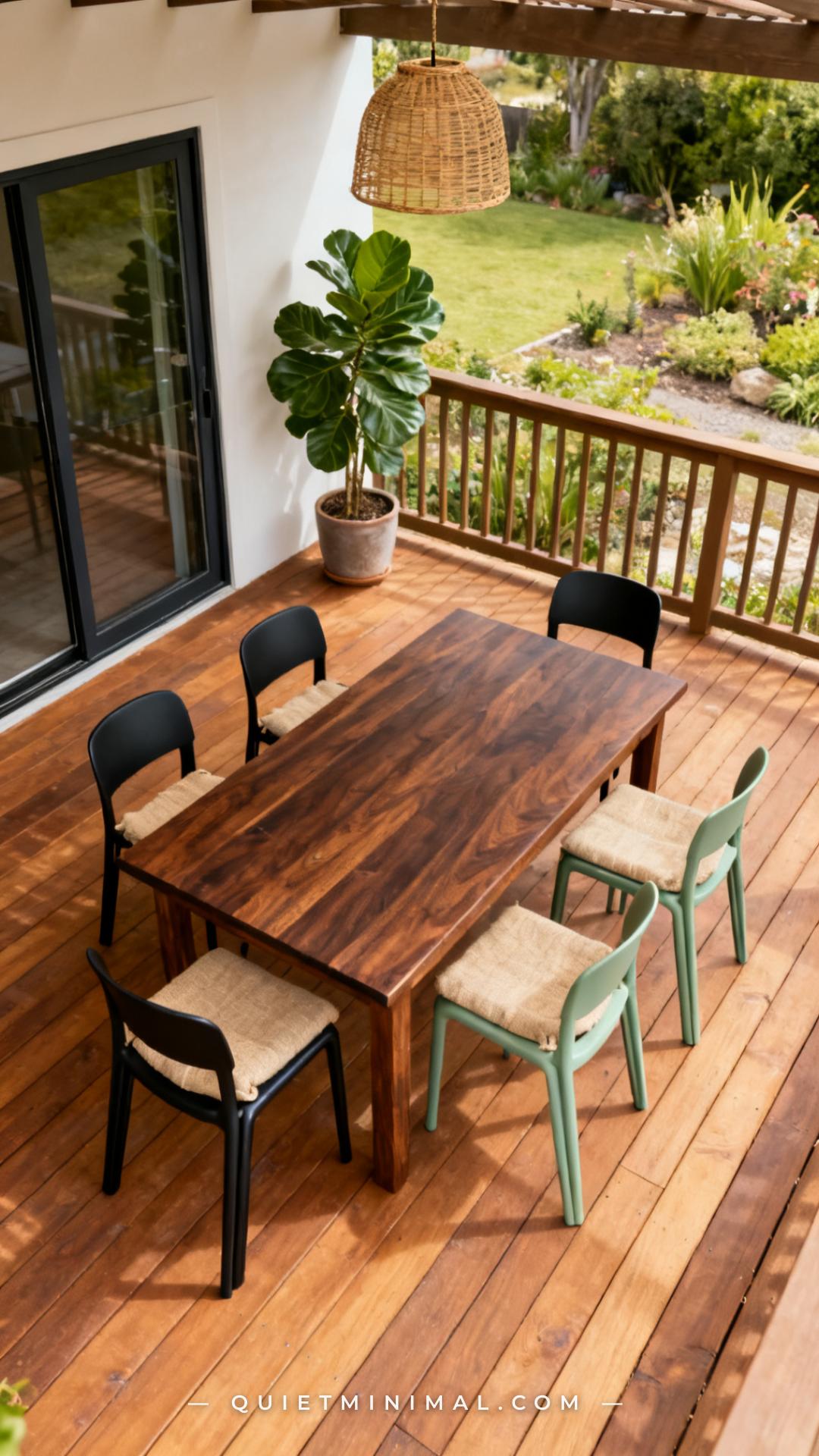 A wide-angle vertical photograph captures an outdoor dining arrangement on a warm wood deck