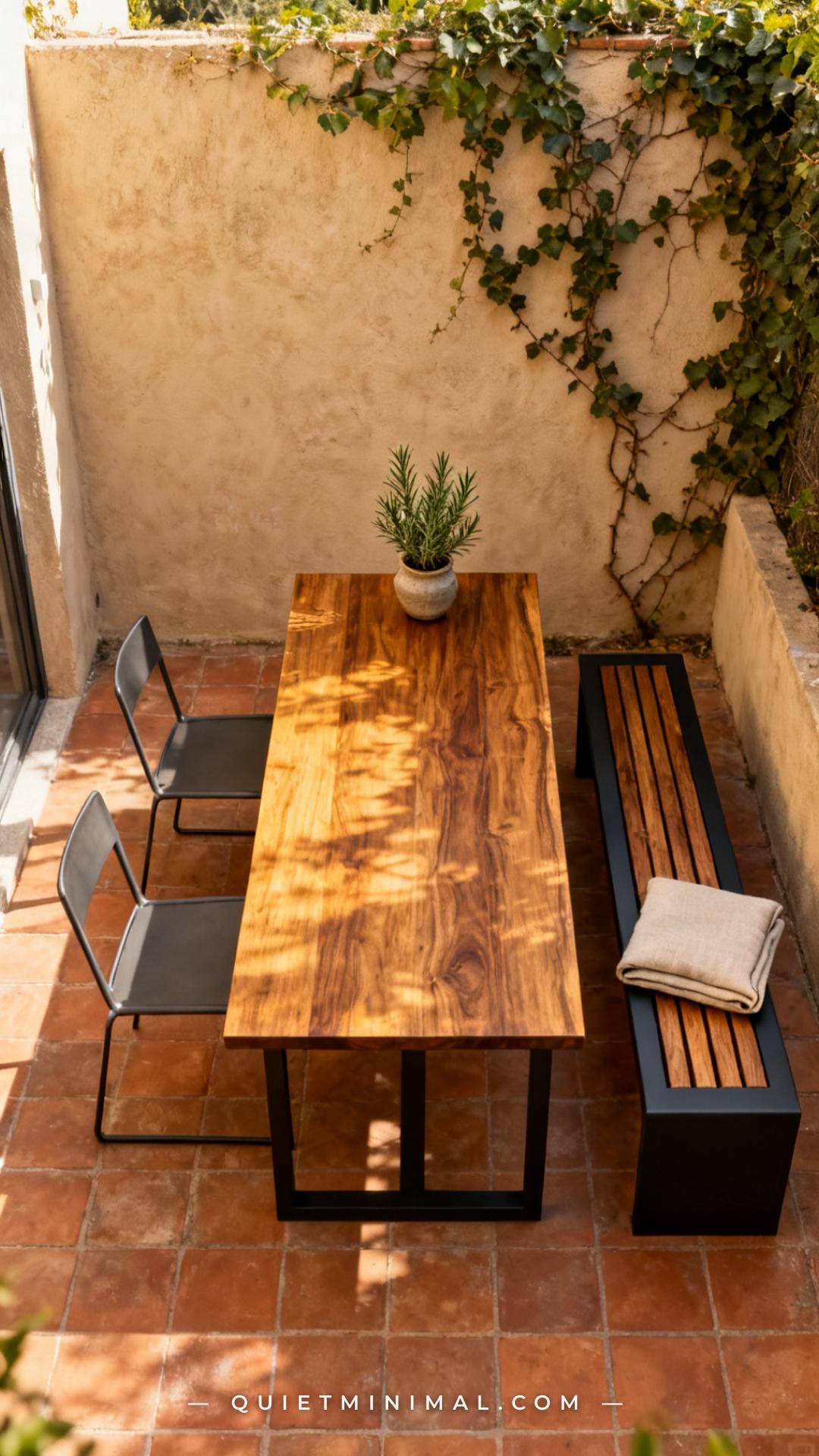 A wide-angle vertical photograph of a compact outdoor patio dining area centered on a rectangular acacia wood table with