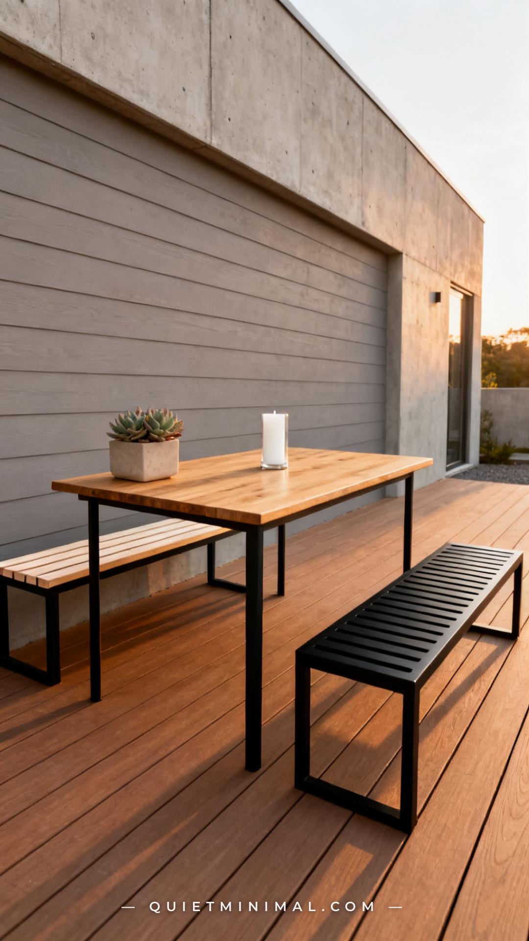 A vertical wide-angle photograph of a small contemporary patio dining setup viewed from a slight angle to show both long