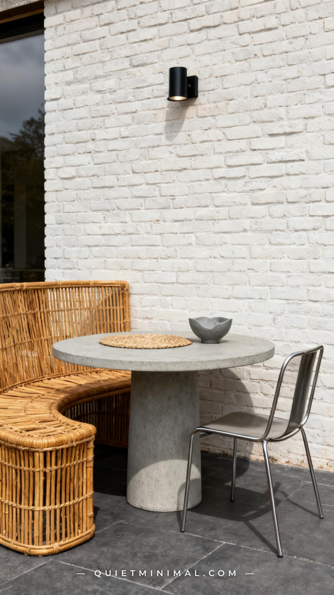A medium-wide vertical photograph of a small urban patio or rooftop terrace showing a compact round concrete-top dining