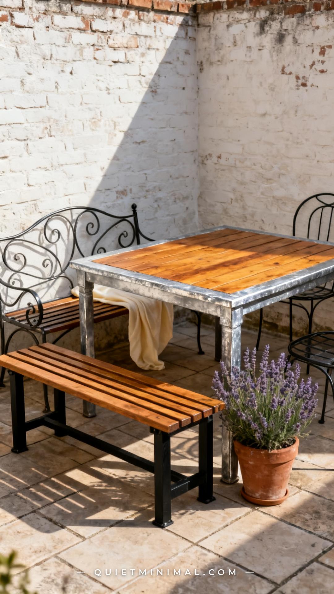 A vertical wide-angle photograph capturing a full small patio corner where a rectangular teak dining table occupies the