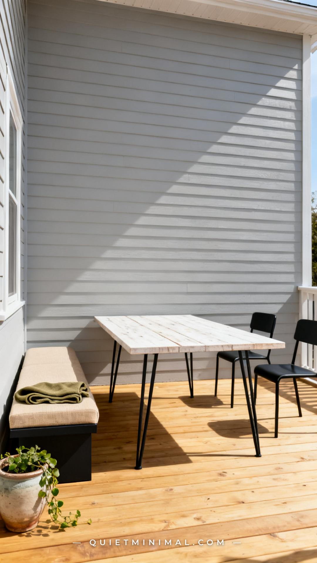 A vertical establishing shot of a small patio or covered terrace showing a rectangular dining table with a whitewashed w