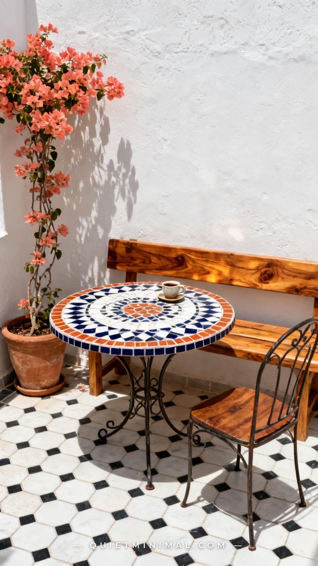 A wide vertical photograph of a small Mediterranean-inspired patio corner