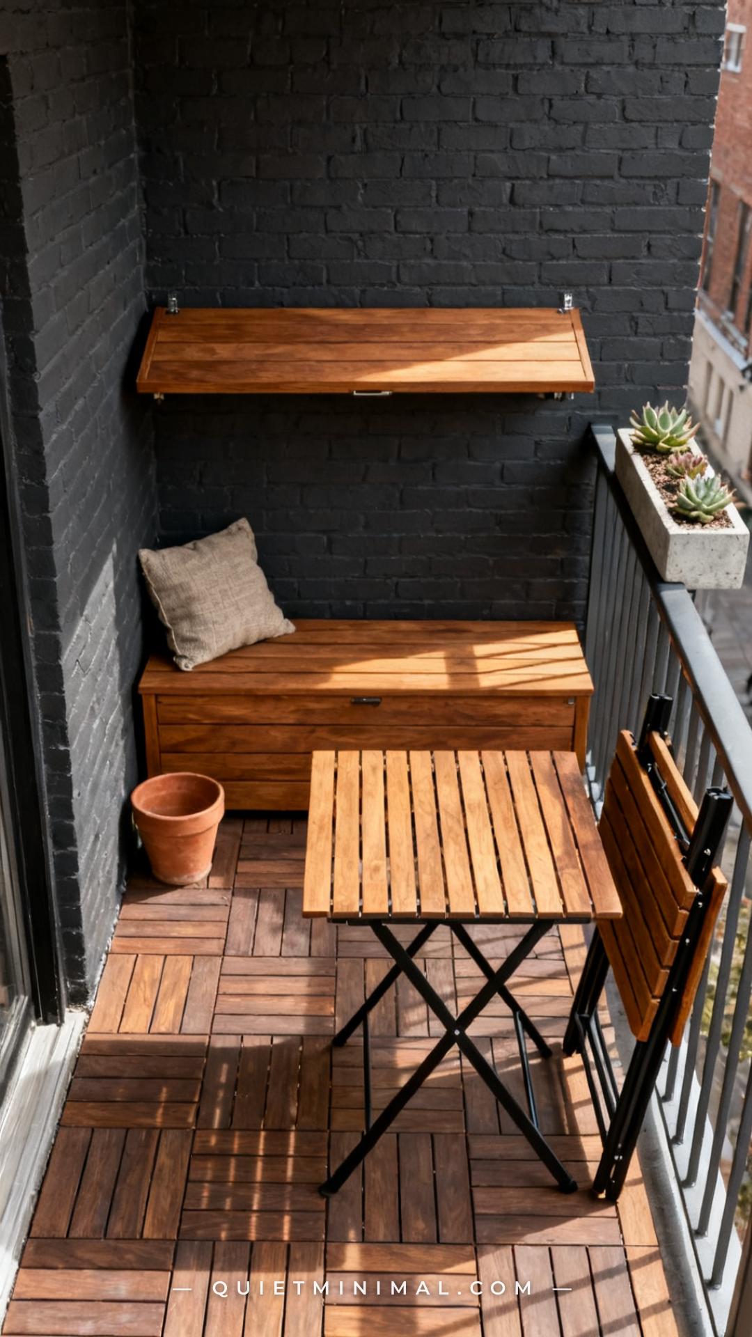 A vertical wide-angle photograph of a compact urban balcony or small patio showing a rectangular folding slat-top dining