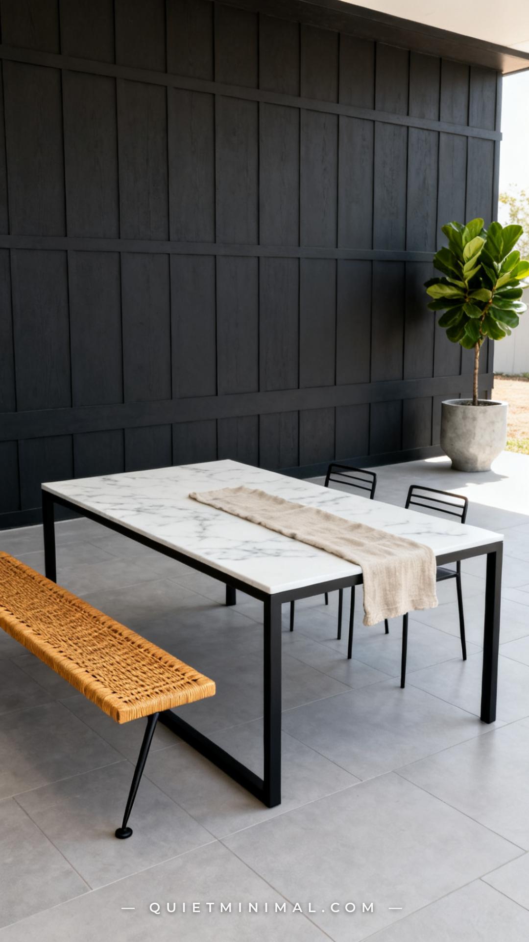 A vertical wide-angle photograph of a small modern patio dining setup