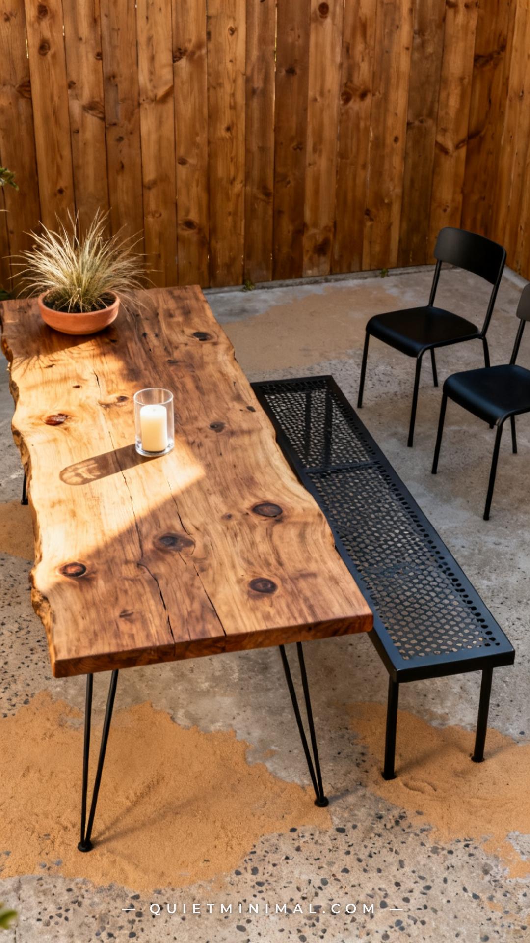 A vertical wide-angle photograph of a small patio or covered terrace anchored by a chunky reclaimed wood dining table —