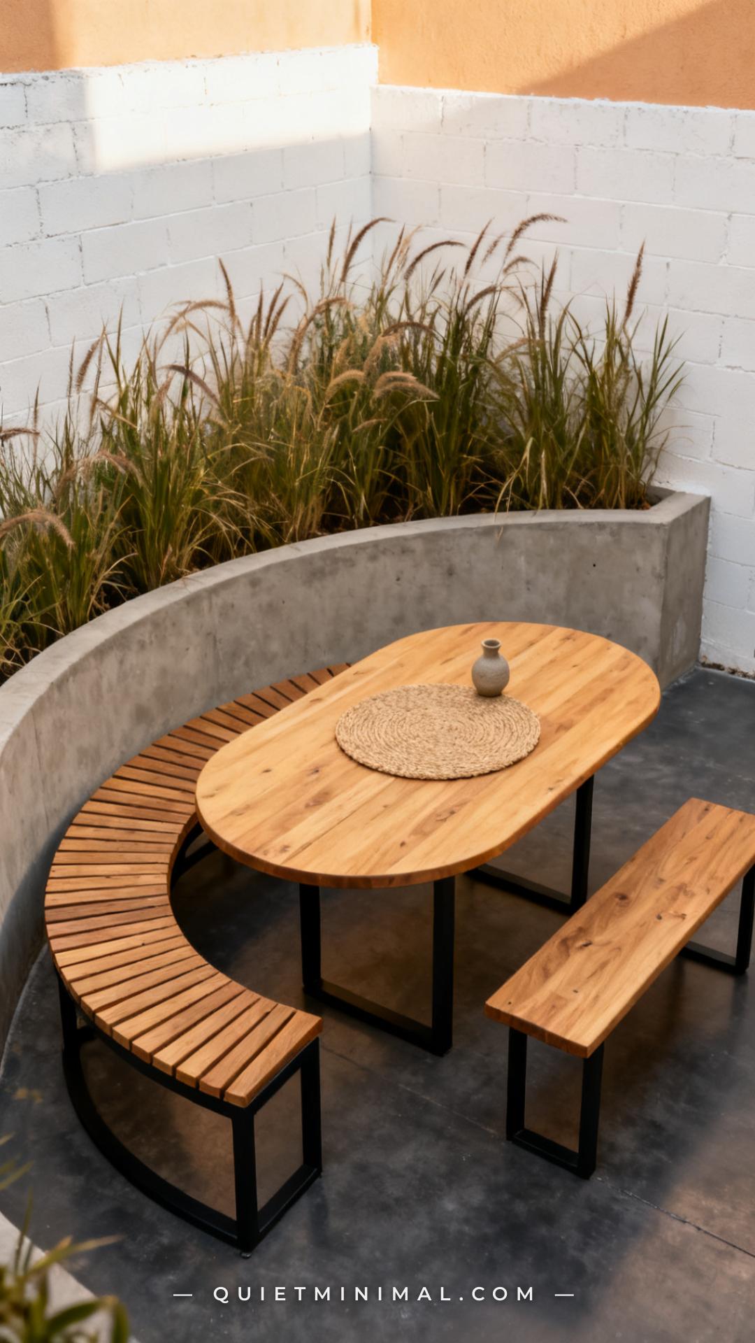 A vertical wide-angle photograph of a small curved patio or round deck corner where an oval dining table in natural blon