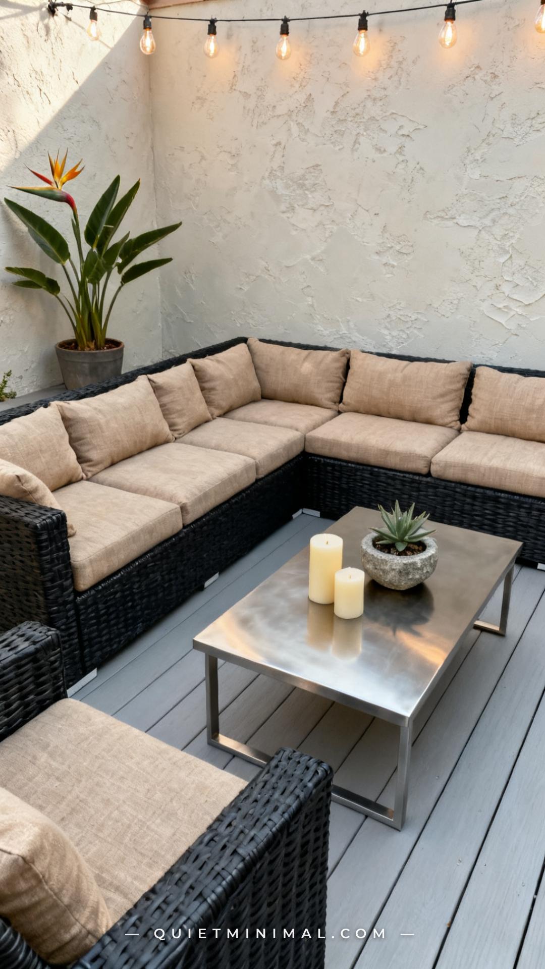 A wide-angle vertical photograph captures a full outdoor patio scene centered on a large resin wicker sectional sofa arr