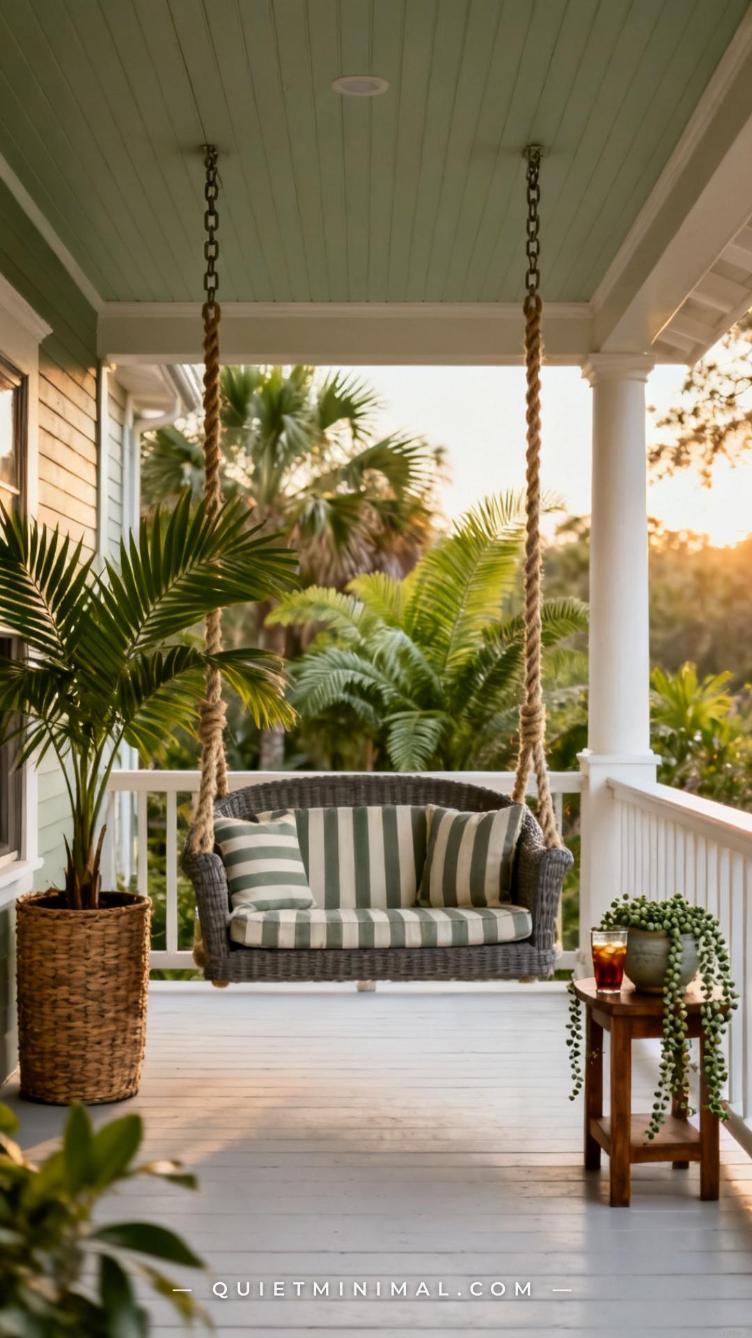 A vertical wide-angle photograph captures the full front of a wraparound porch on a craftsman bungalow