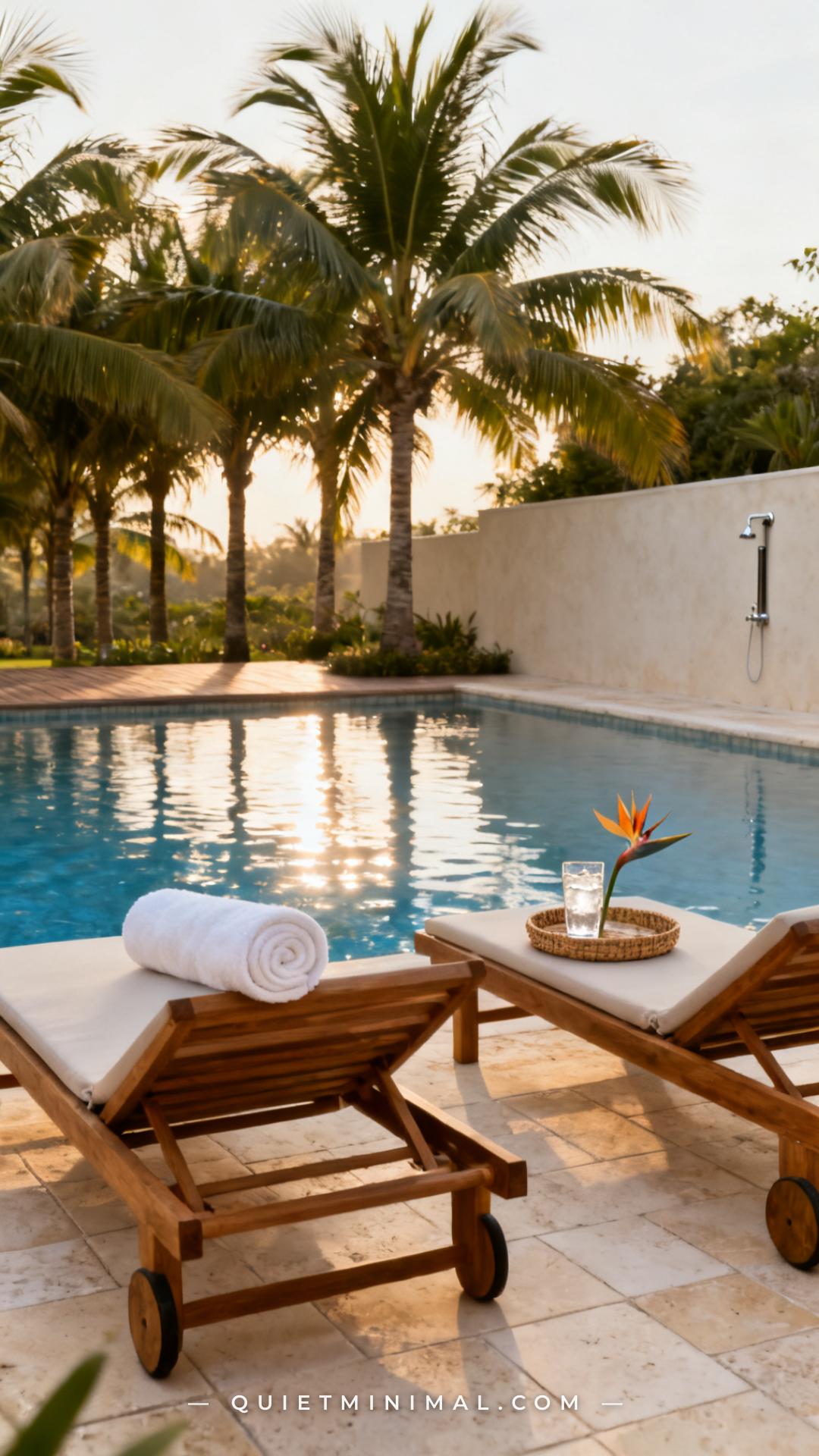 A vertical wide-angle photograph captures a full pool deck scene in warm late-afternoon light