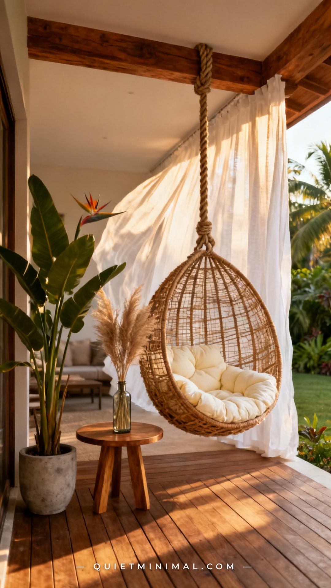 A vertical wide-angle photograph captures a full corner of a covered outdoor patio styled around a large rattan hanging
