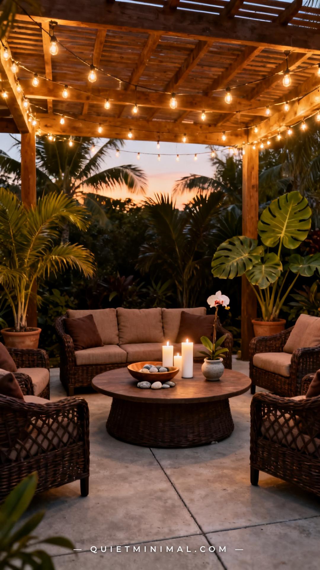 A vertical wide-angle photograph establishes a spacious outdoor patio styled for an evening gathering