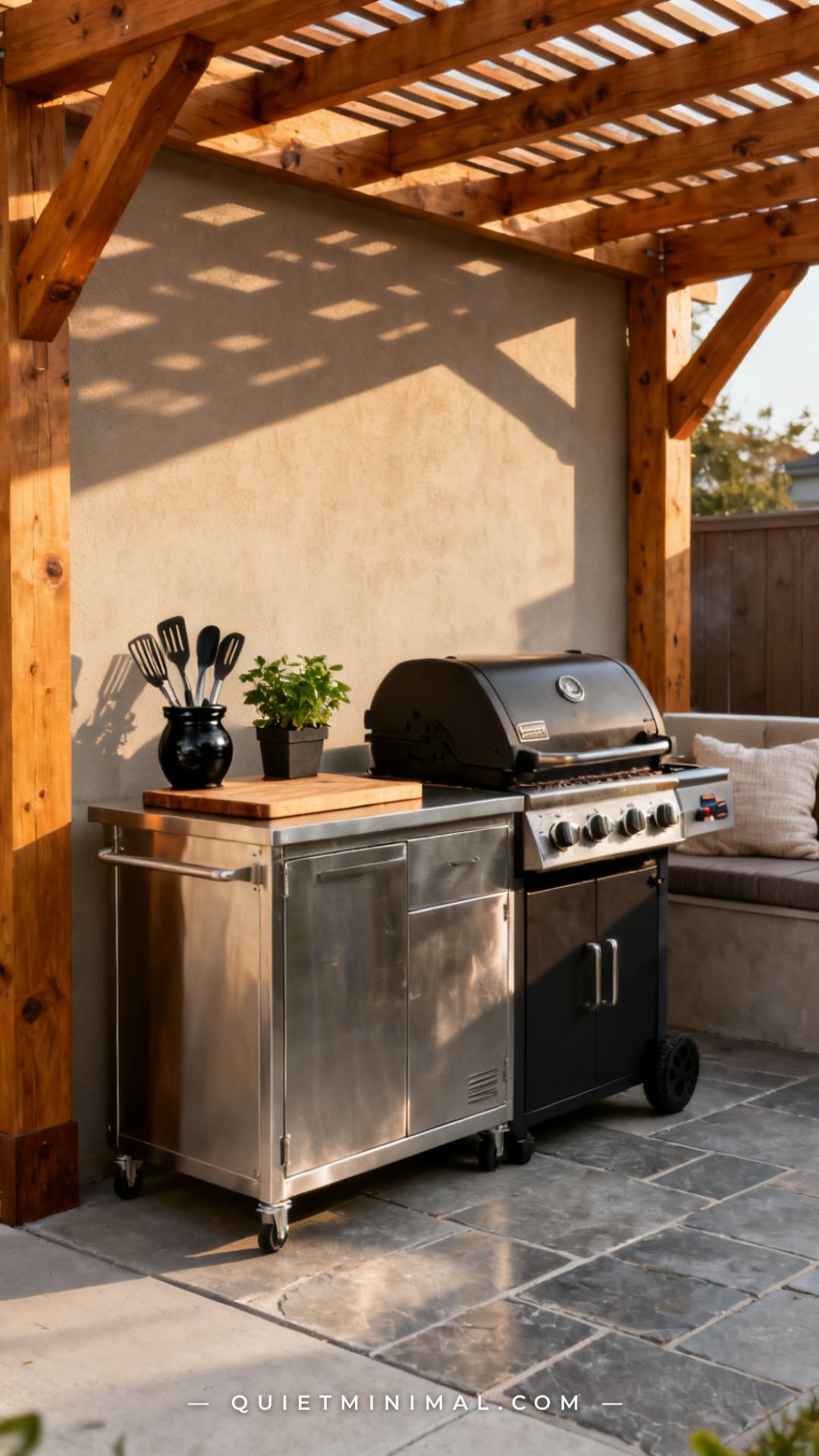 A vertical photograph captures a wide view of an outdoor cooking zone anchored by a stainless steel prep cart positioned
