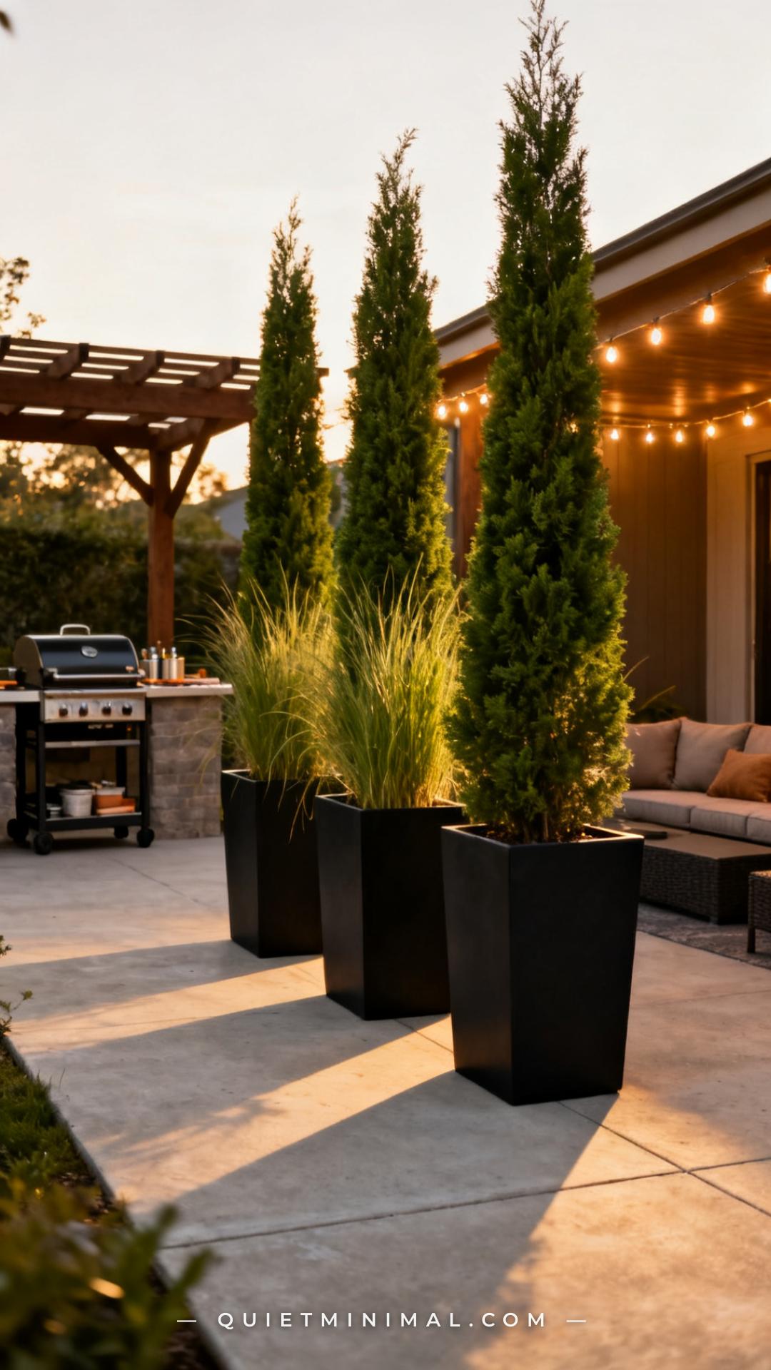 A wide-angle vertical photograph captures the transition space between an outdoor cooking zone and a seating area