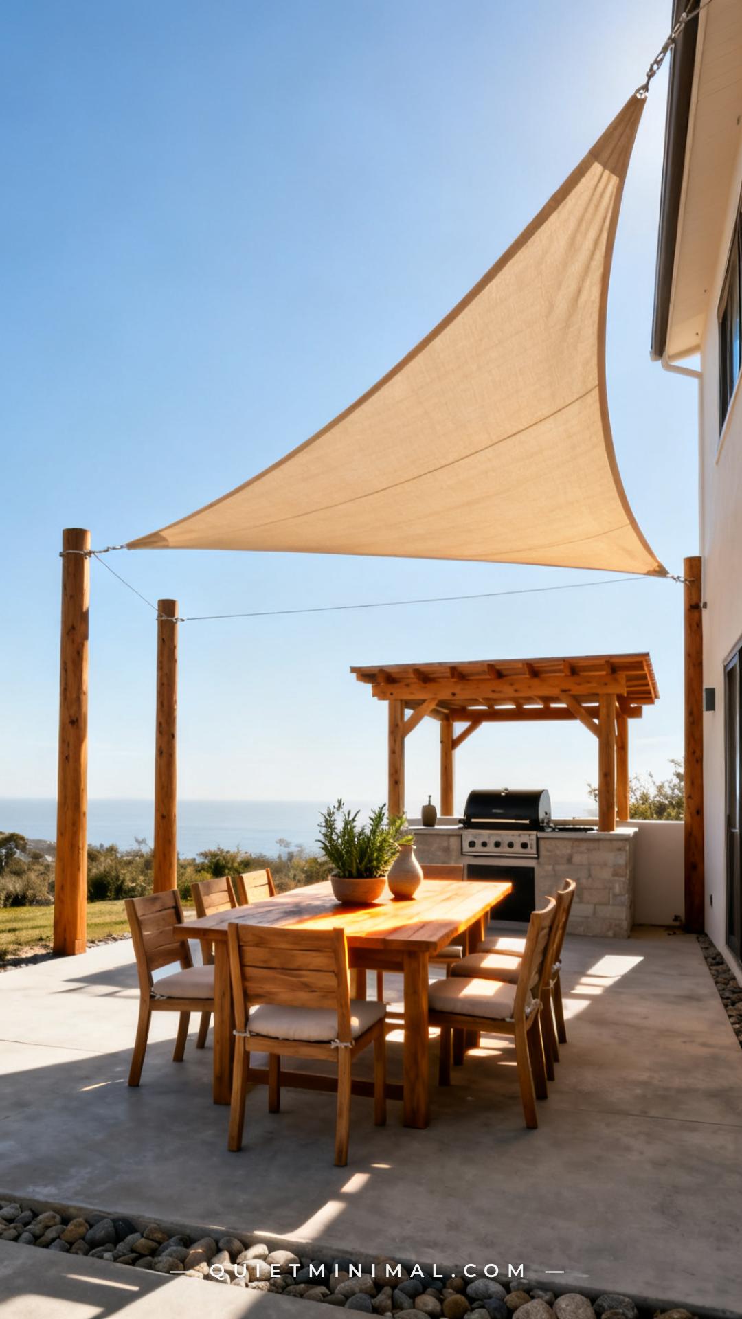 A wide-angle vertical photograph establishes a full outdoor patio scene with a large warm sand-colored shade sail stretc