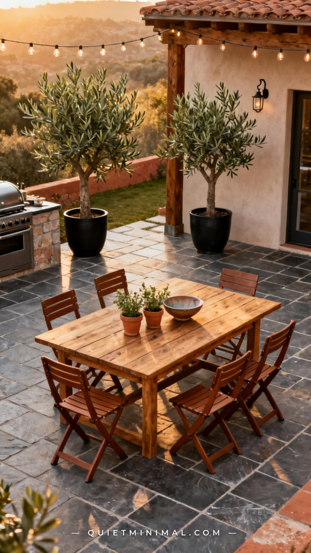 A wide-angle vertical photograph captures a full outdoor dining zone on a large slate-tiled patio