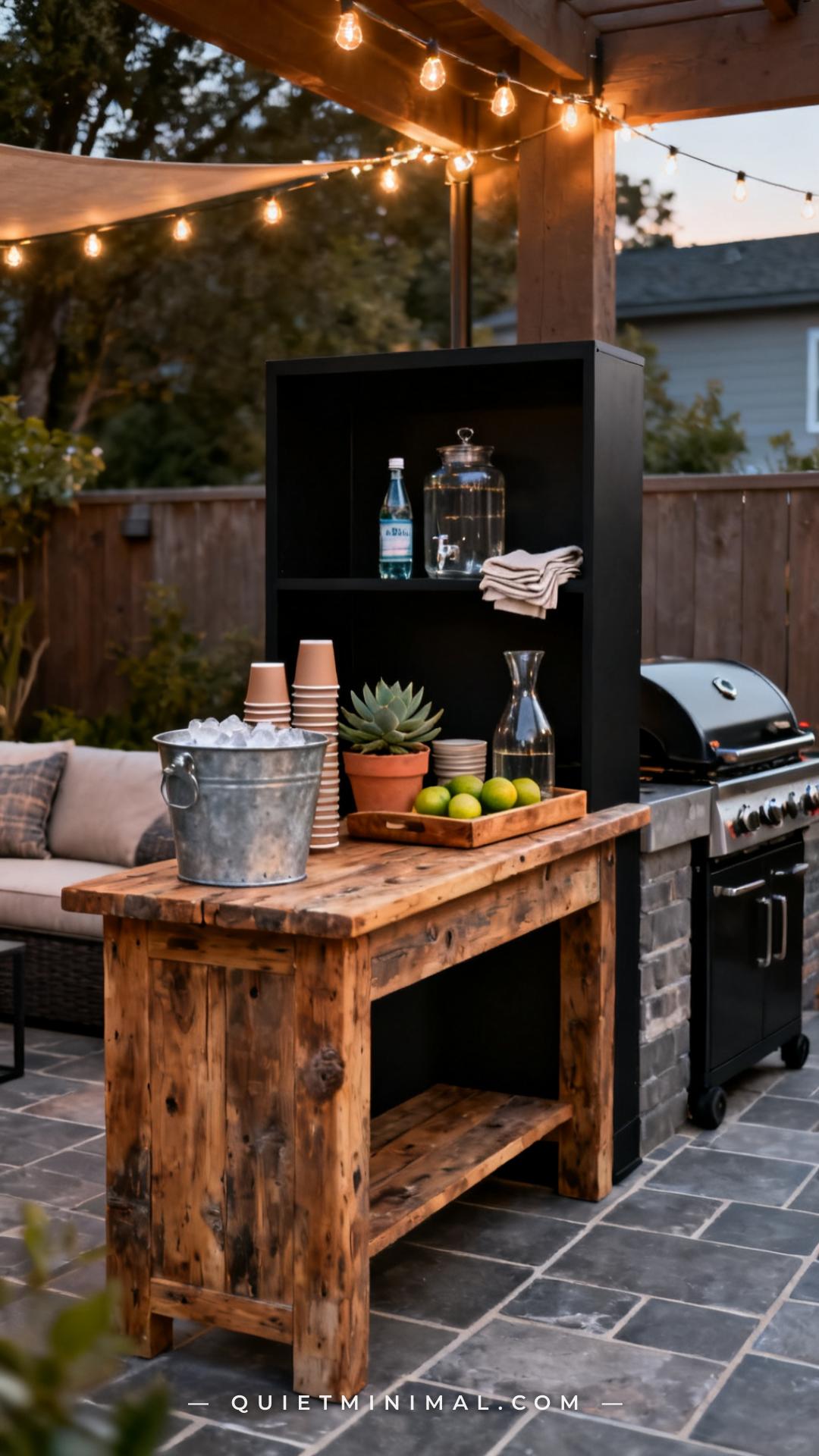 A wide-angle vertical photograph captures an outdoor beverage station positioned at the boundary between a cooking zone