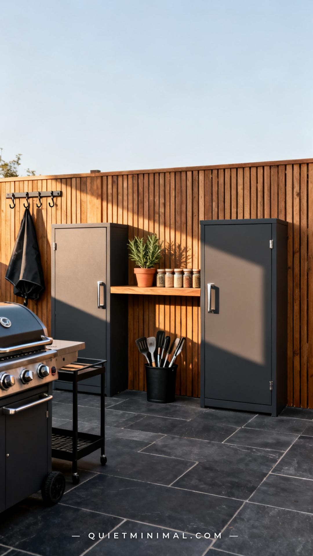 A wide-angle vertical photograph captures a full outdoor cooking zone with a completed storage wall along the back fence