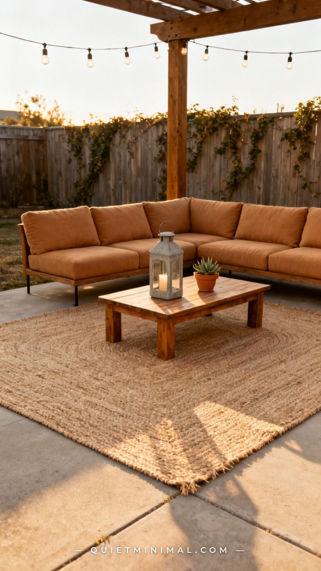 A wide-angle vertical photograph establishes a full outdoor seating zone anchored by a large natural jute rug on a concr