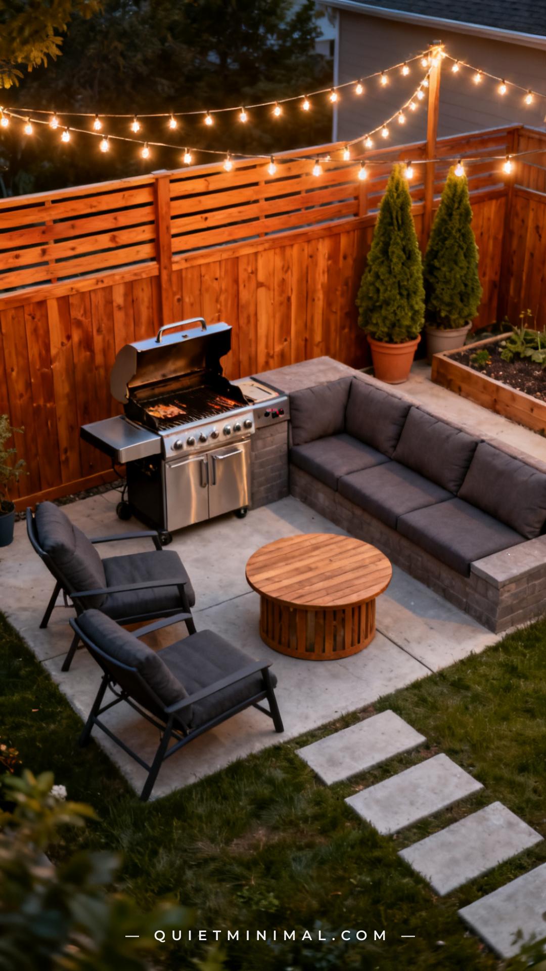 A wide-angle vertical photograph captures a full backyard patio from a slightly elevated angle