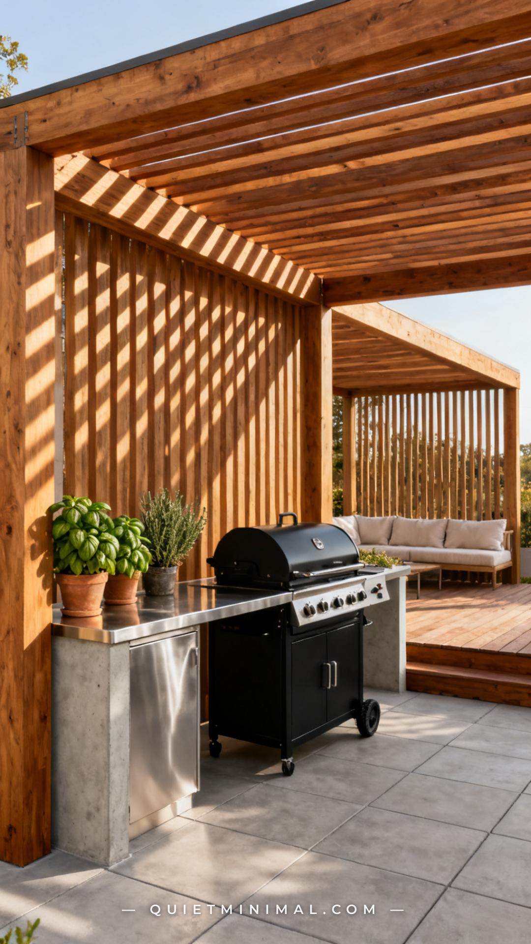 A wide-angle vertical photograph establishes a full outdoor cooking zone beneath a freestanding cedar pergola