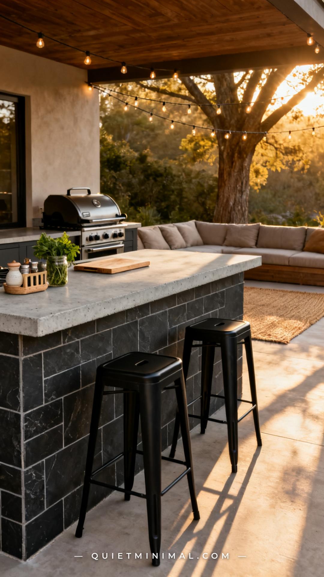 A vertical photograph captures a wide view of the transition zone between an outdoor cooking area and a seating zone