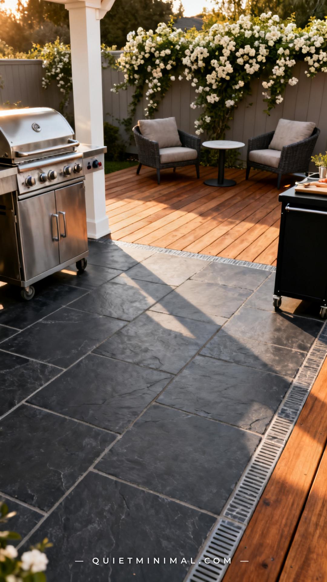 A wide-angle vertical photograph shows the floor-level view of an outdoor patio where two distinct flooring materials cr