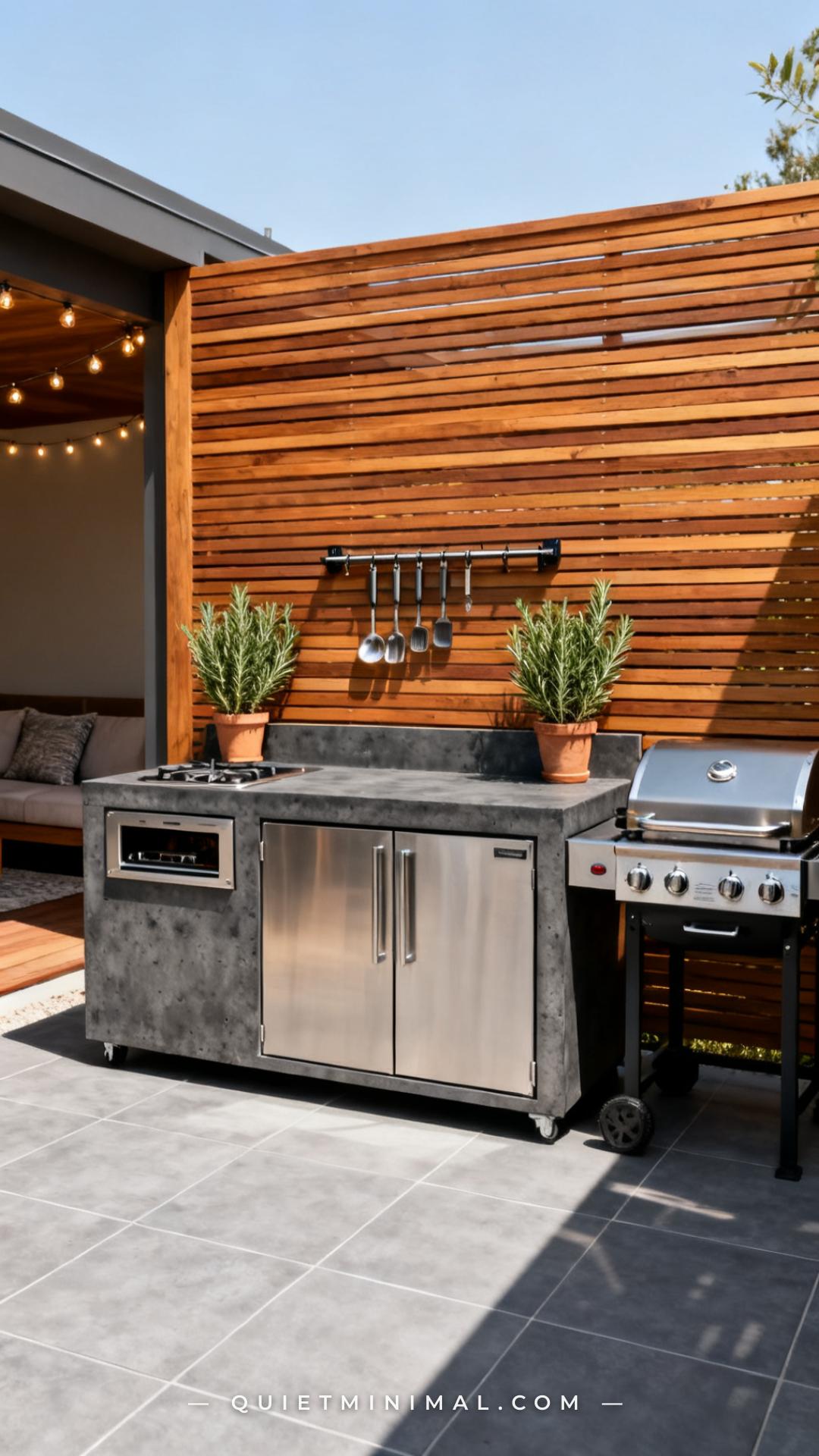 A wide-angle vertical photograph captures a full outdoor cooking zone built around a freestanding modular outdoor kitche