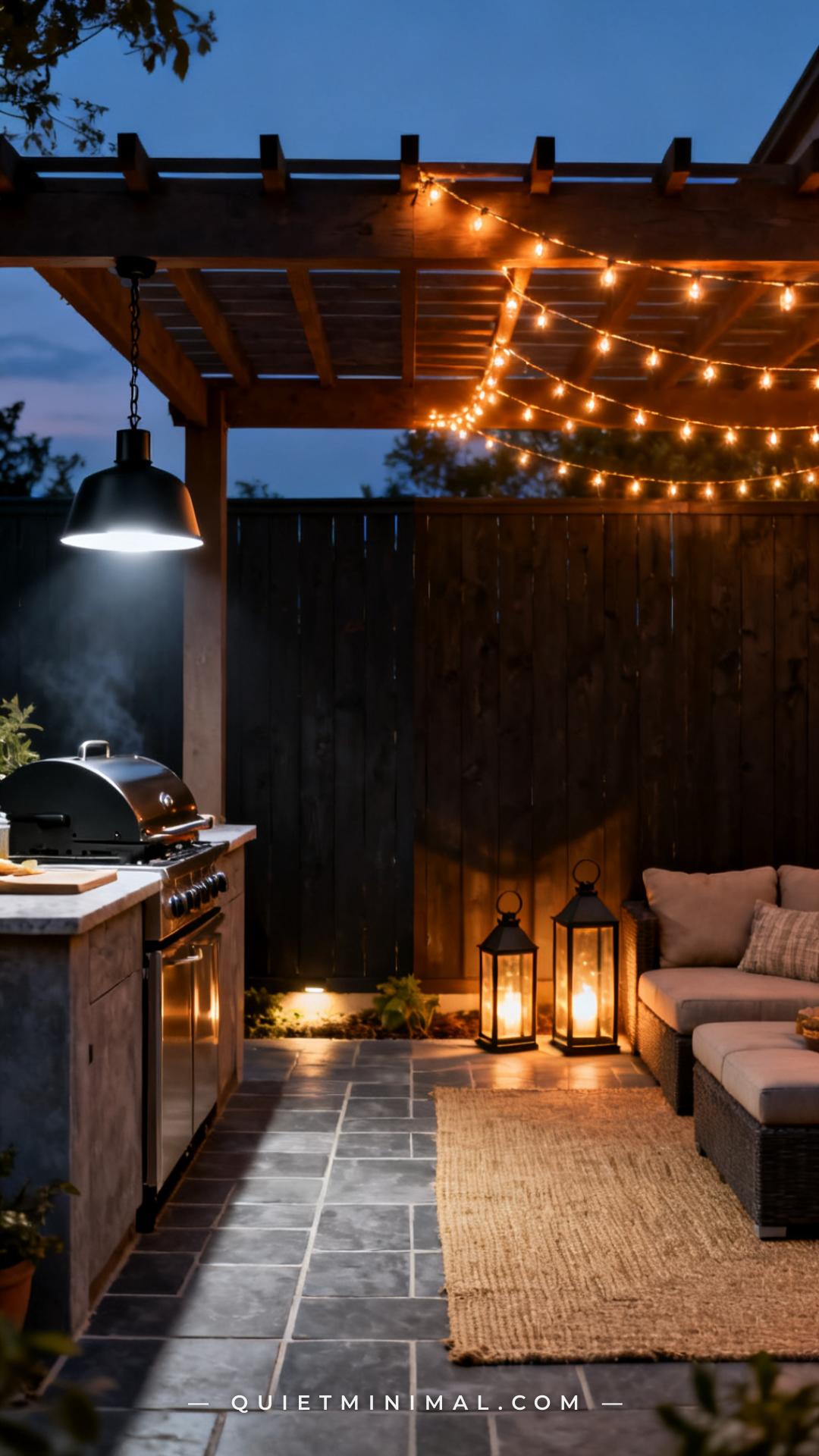 A wide vertical photograph captures a full backyard patio scene at dusk