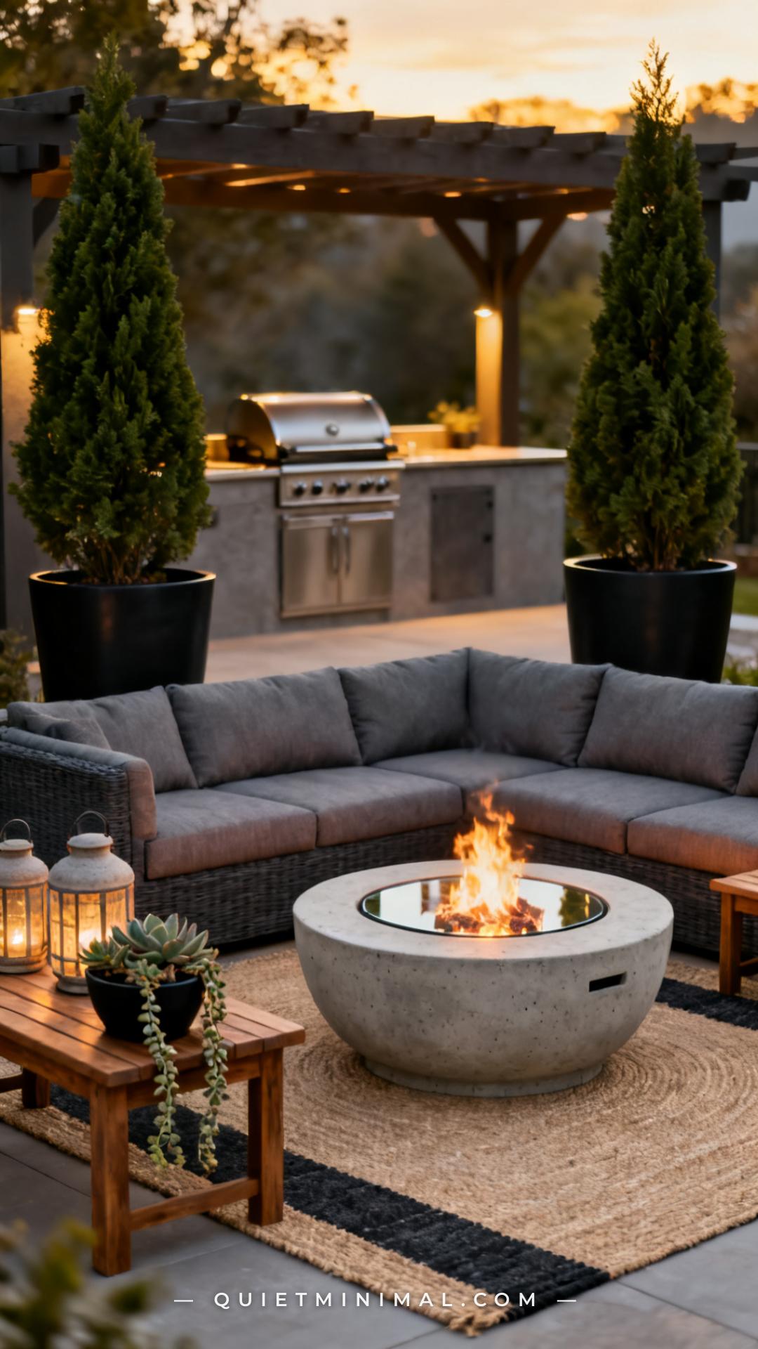 A wide-angle vertical photograph establishes a full outdoor seating zone centered on an L-shaped sectional sofa in warm