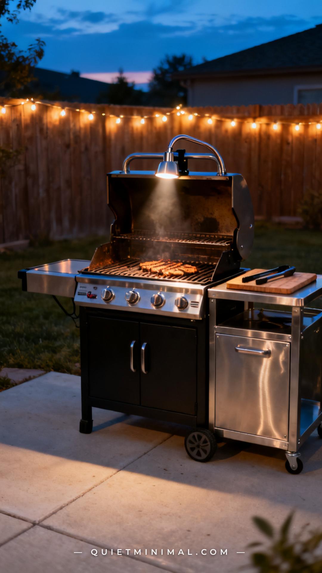A wide-angle vertical photograph of a gas grill on a patio at dusk