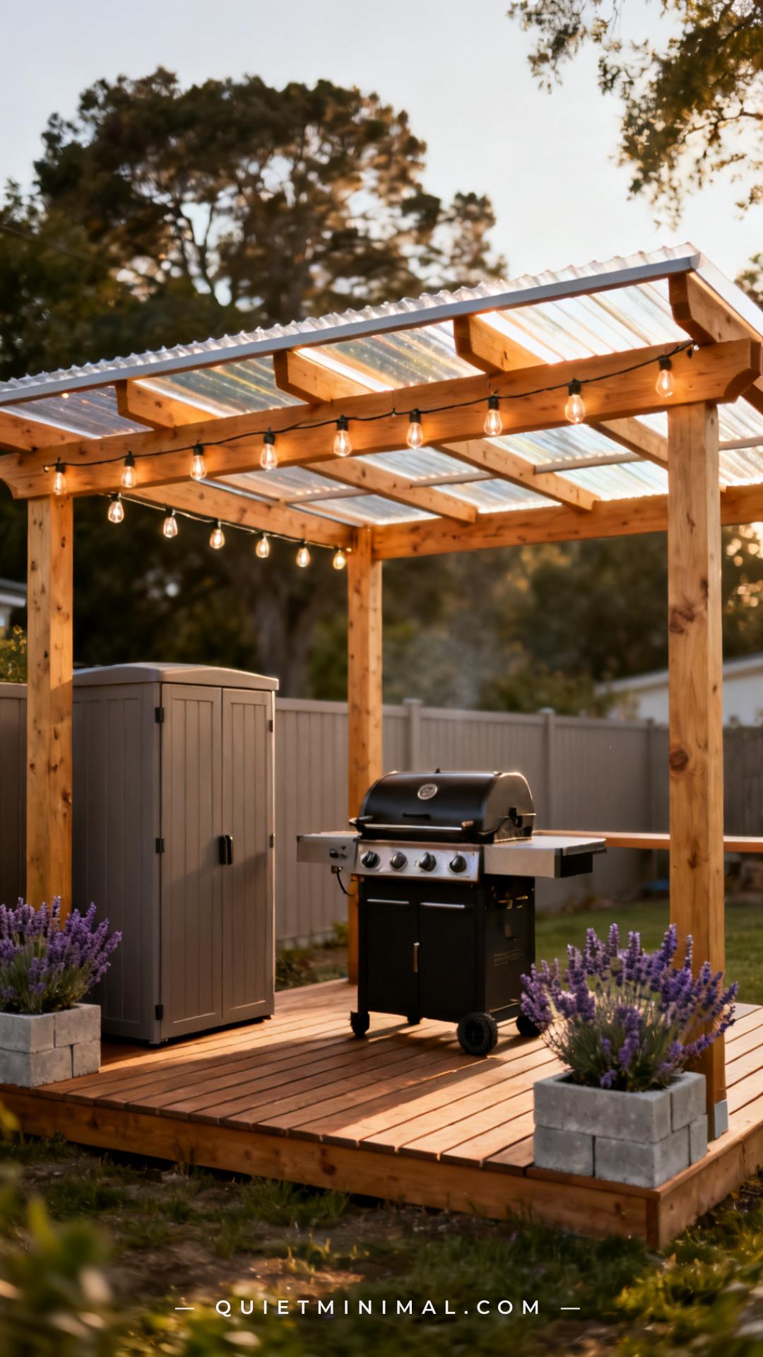 A wide-angle view of a backyard pergola built directly over a freestanding grill station