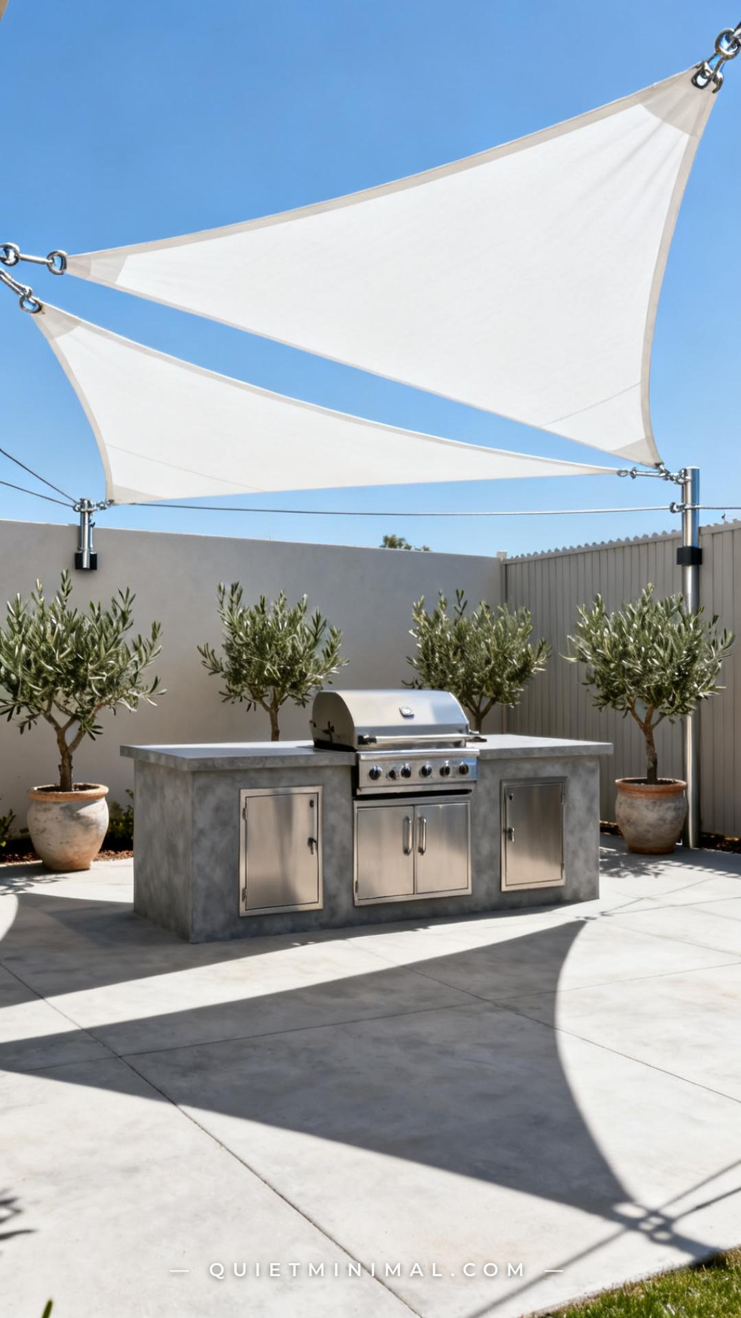 A wide vertical photograph captures an outdoor grill island positioned on a large concrete patio beneath a series of ove