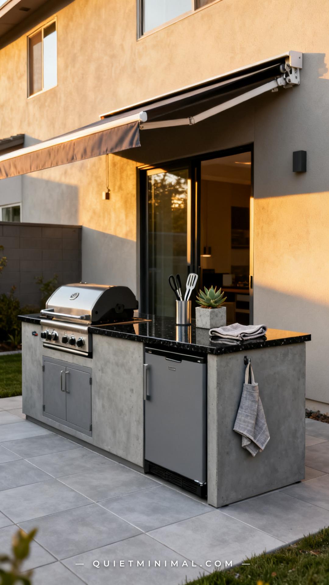 An establishing shot of a prefabricated outdoor kitchen module set up on a backyard patio