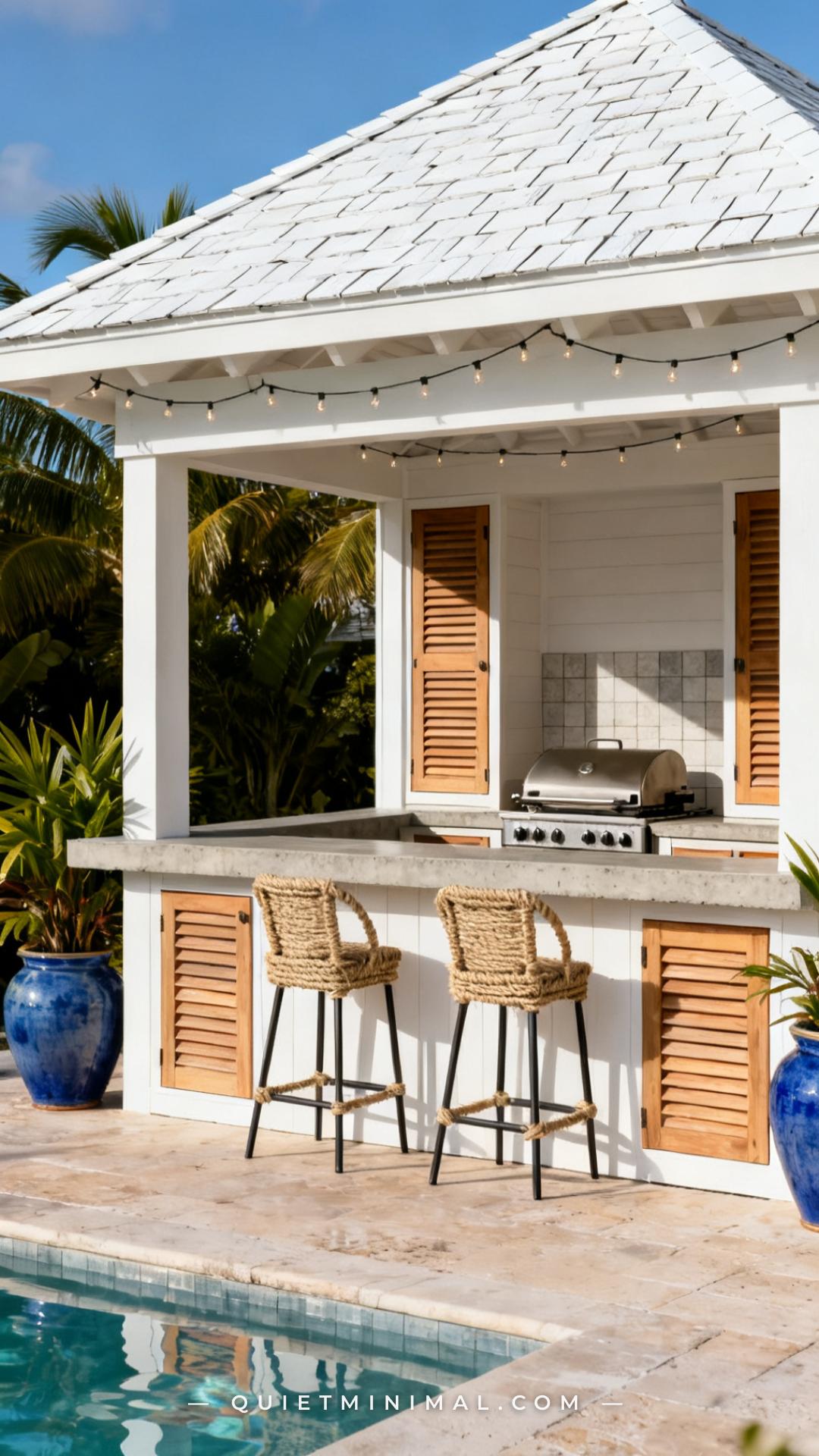 A wide establishing shot of a poolside outdoor grill station housed within one bay of a white-painted wooden cabana stru
