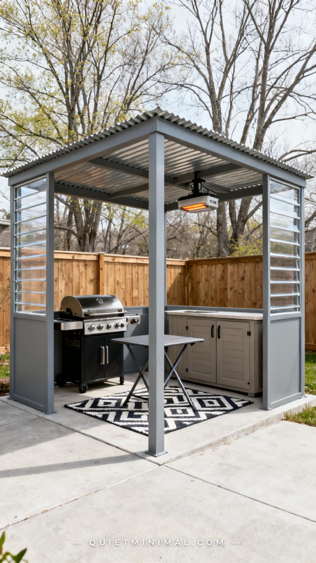 A vertical photograph captures a four-post outdoor shelter structure on a concrete backyard patio
