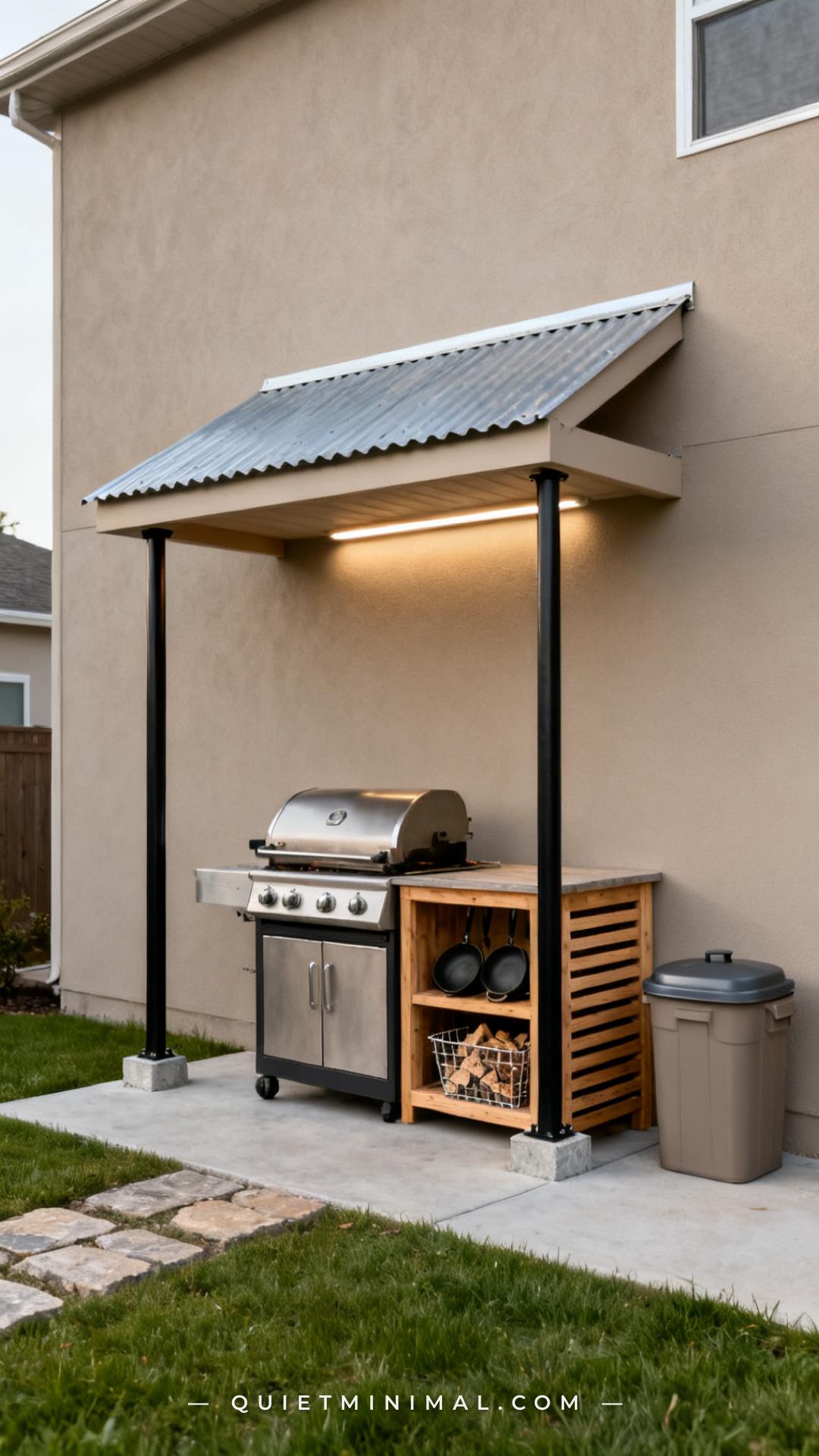 A vertical photograph establishes a lean-to style outdoor grill station built against the exterior wall of a home