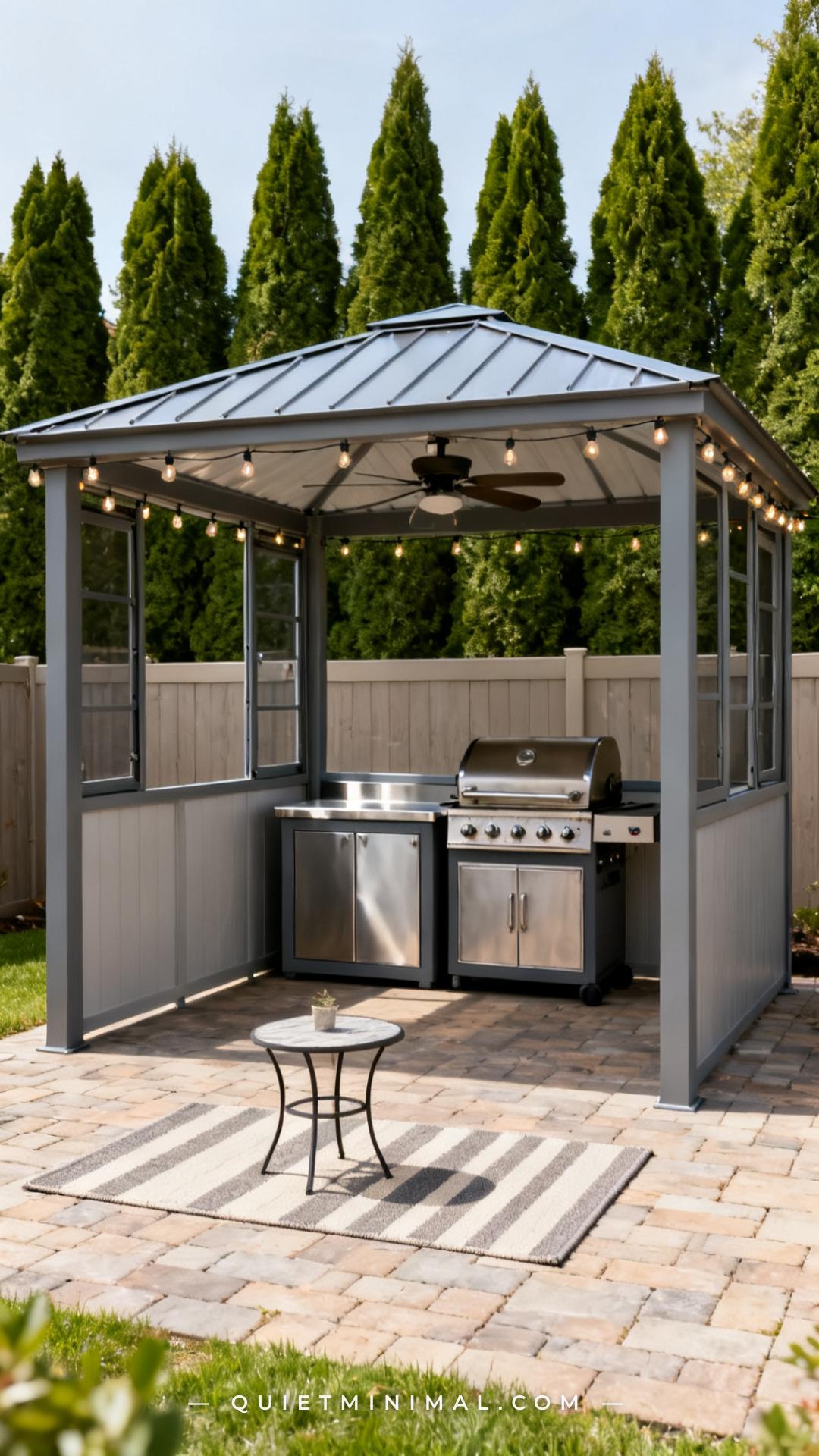 An establishing shot of a freestanding hardtop gazebo in a residential backyard