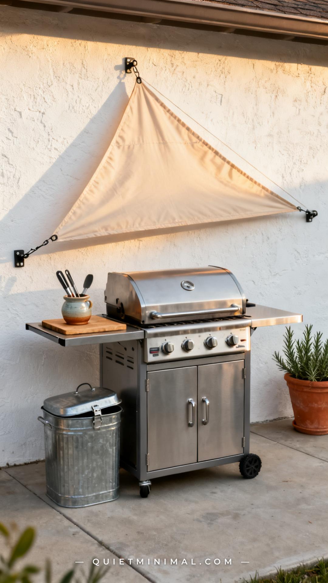 A medium-wide composition showing a weatherproof outdoor grill cart station on a concrete patio