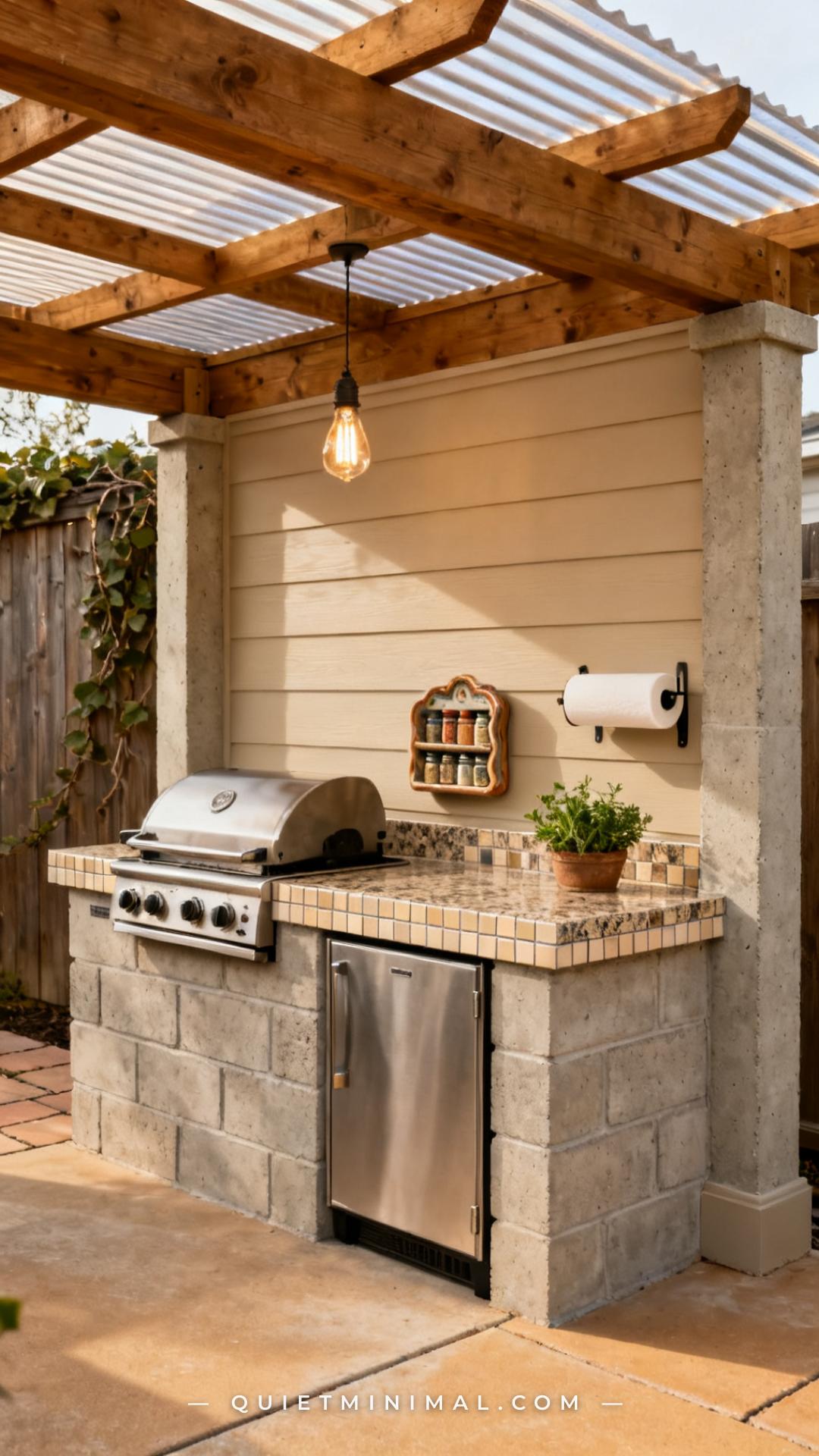 A wide-angle vertical photograph shows a full outdoor kitchen island setup beneath a cedar pergola with a solid corrugat