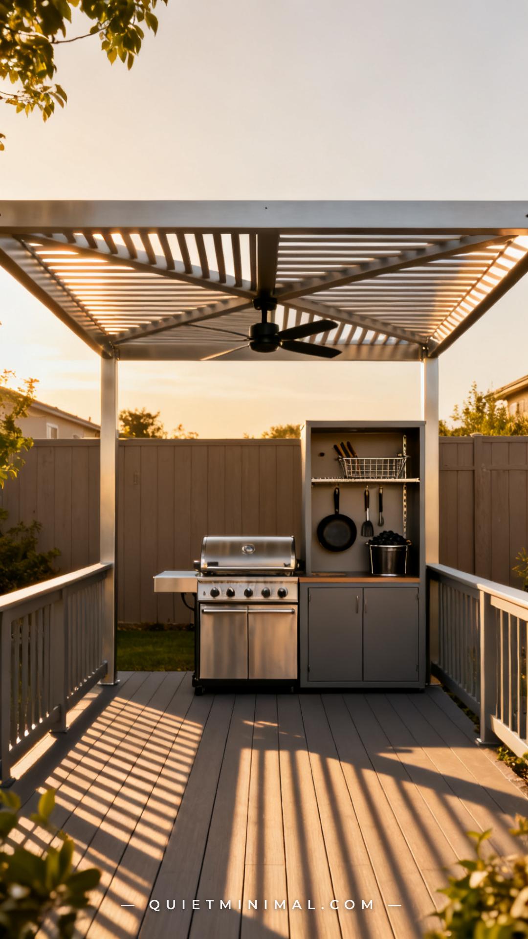 An establishing shot captures a backyard cooking zone anchored by a freestanding aluminum shade structure with a louvere