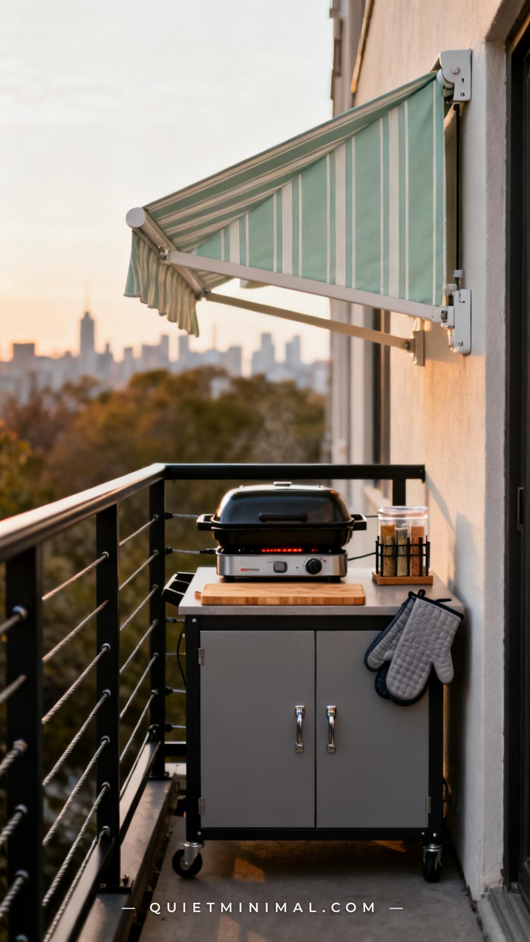 A vertical photograph captures a compact outdoor grill station designed for a narrow apartment balcony or small patio
